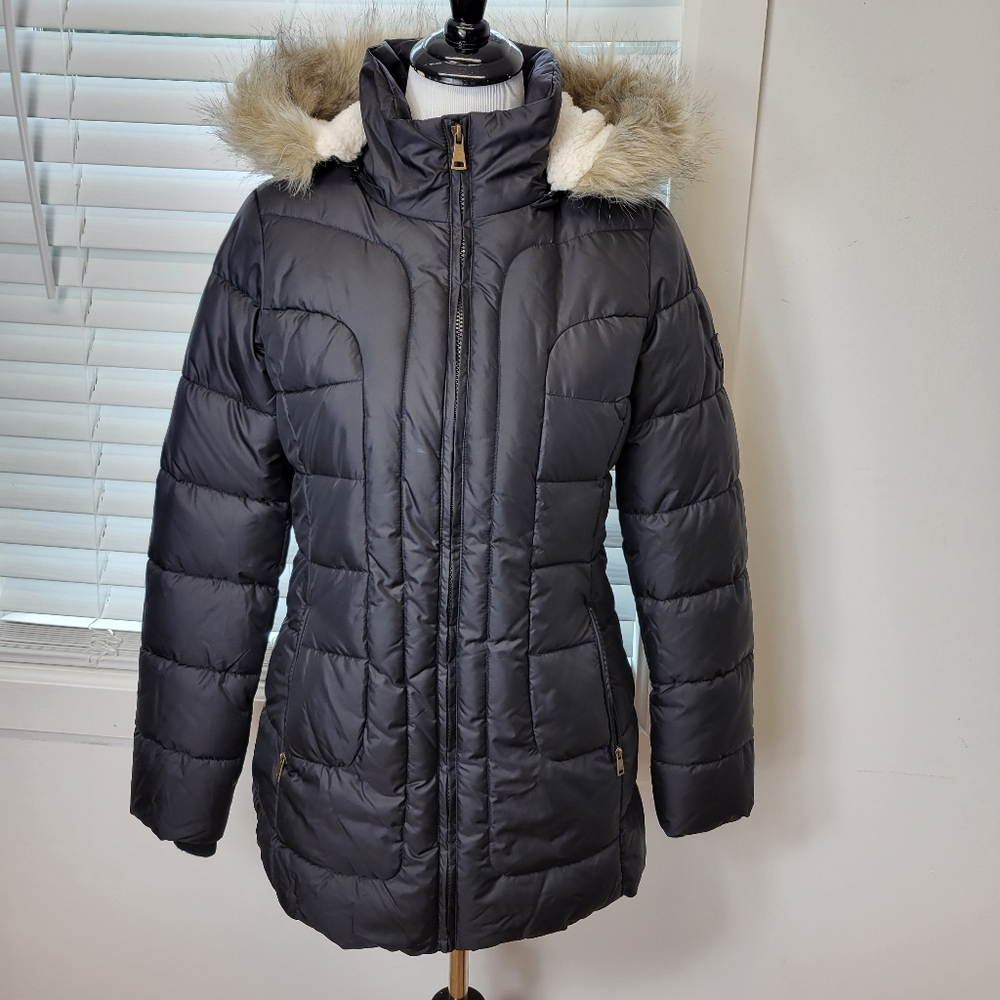 Larry Levine black puffer women S faux fur hoodie